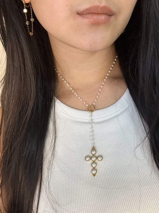 Lariat Pearl Cross Necklace