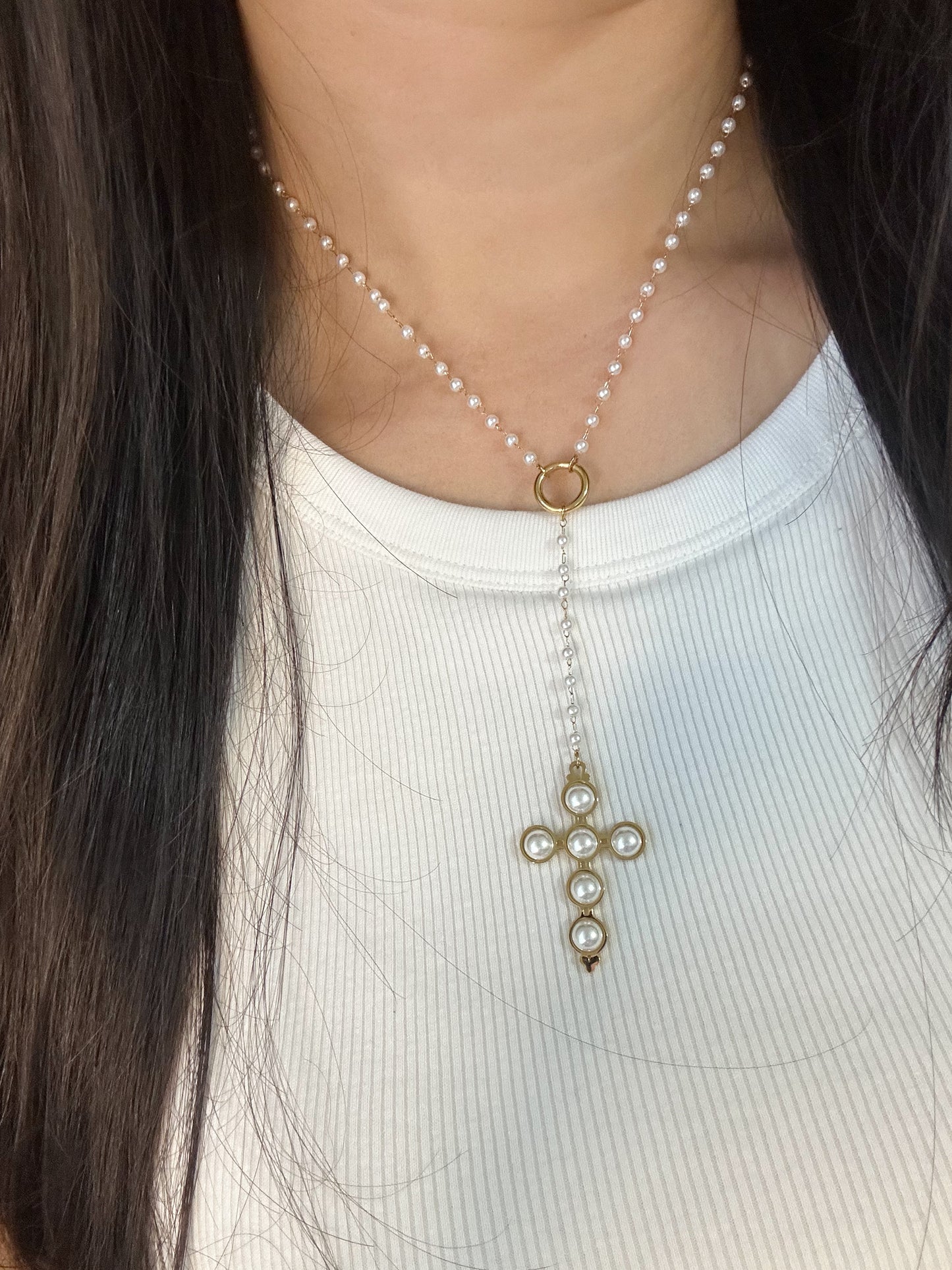 Lariat Pearl Cross Necklace